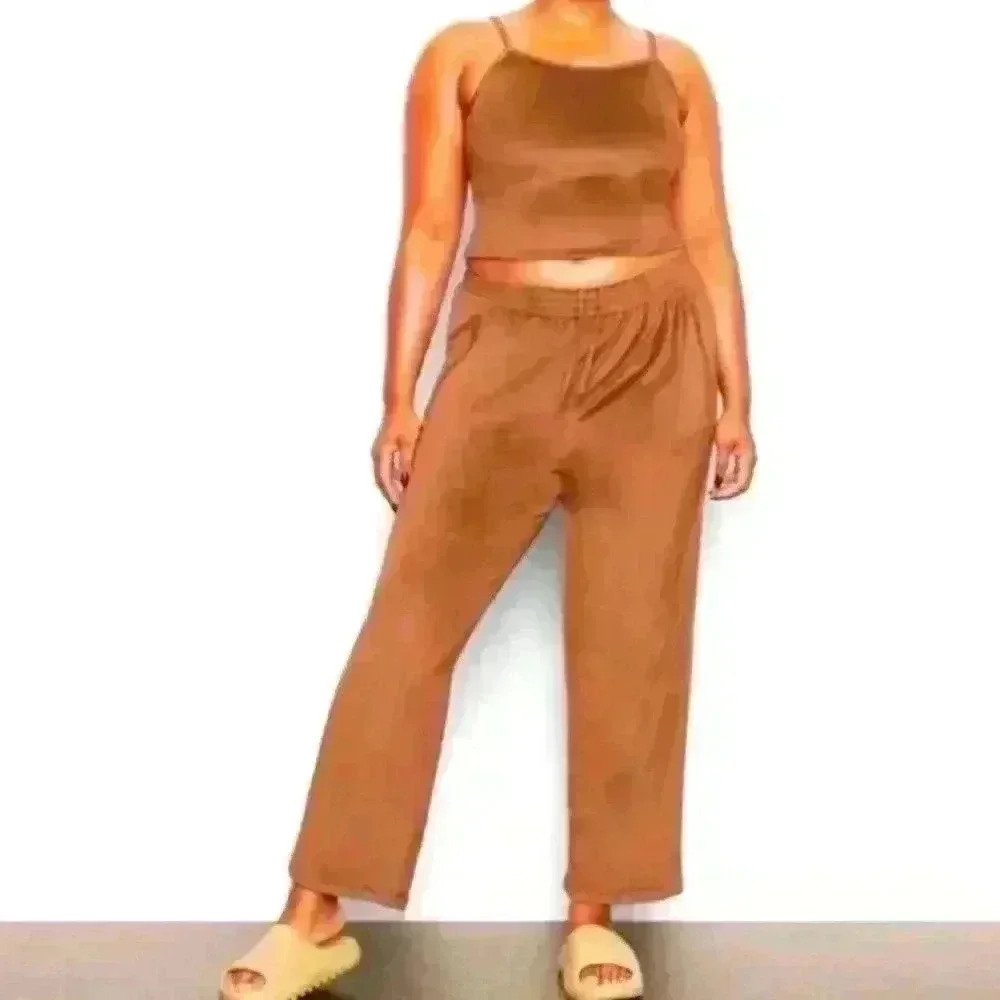 Skims Womens Plus Size Velour Wide Leg Straight Leg Pant in Sienna 4XL